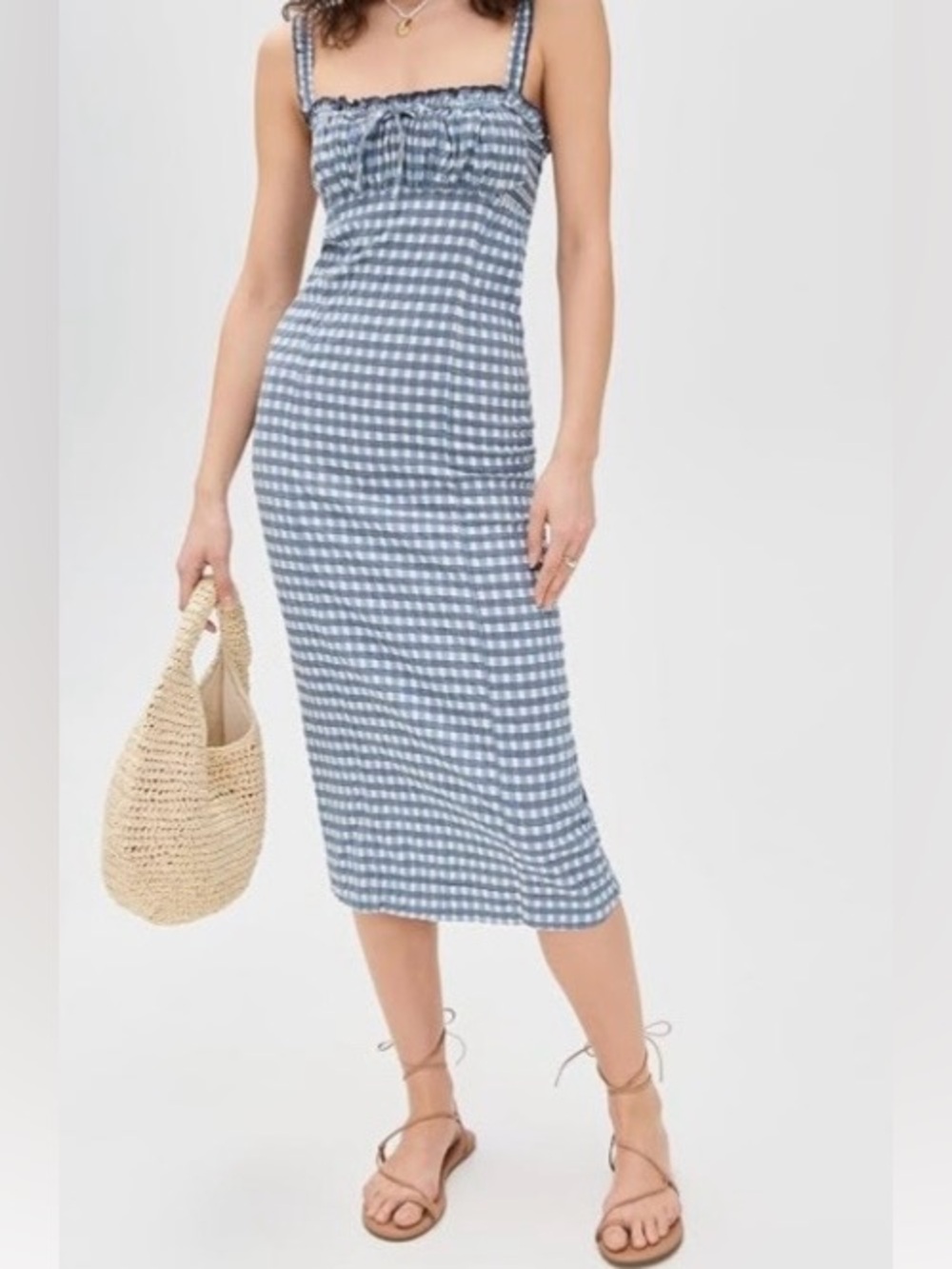 Free People Blue and White Gingham Smocked Midi Dress